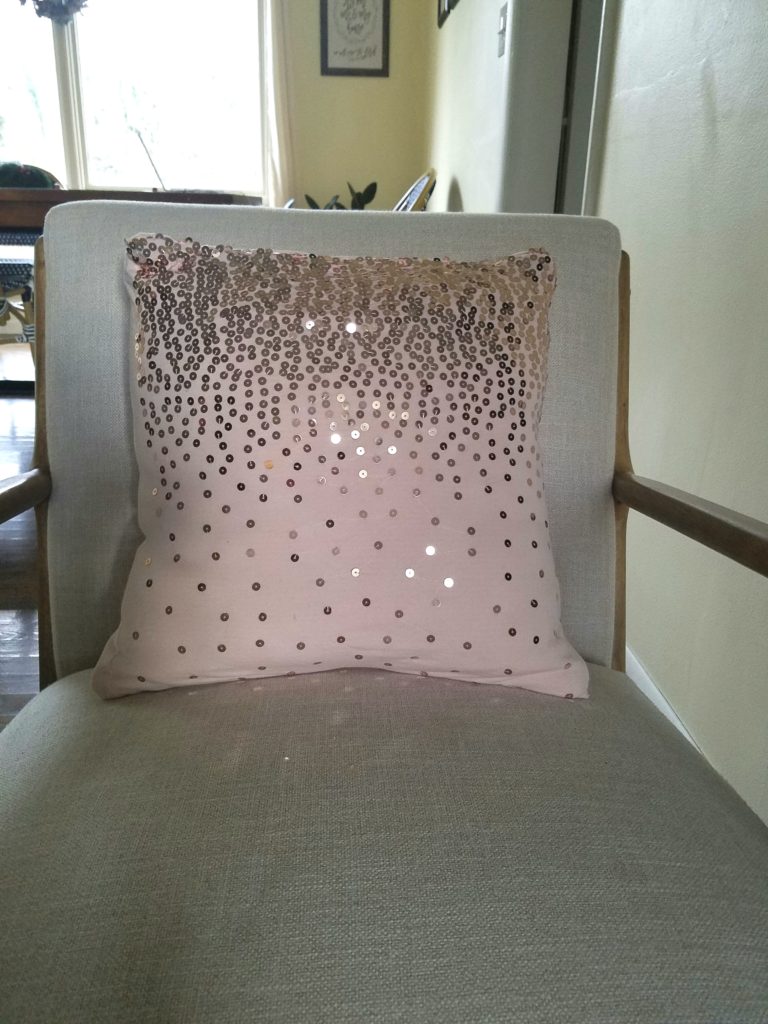 DIY blush pillow with gold sequins